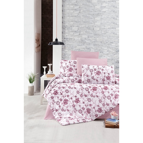 Lenjerie de pat Iris Pink, 1 persoana, 65% bumbac + 35% poliester, 160 x 220 cm, 3 piese