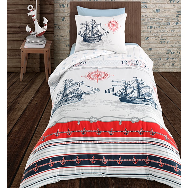 Lenjerie de pat copii Boat, 1 persoana, 100% bumbac, 160 x 220, 3 piese