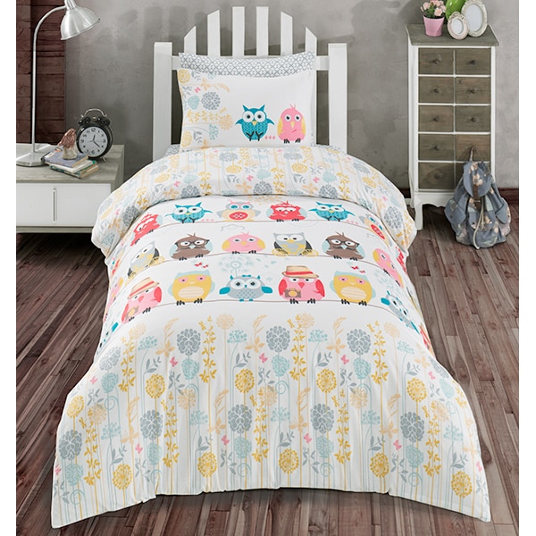 Lenjerie de pat copii Owls, 1 persoana, 100% bumbac, 160 x 220, 3 piese