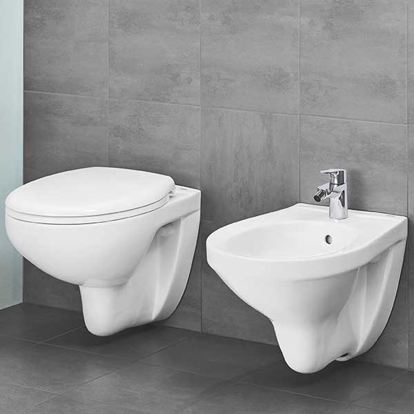 Set vas WC GROHE Bau Ceramic 39351000, montaj suspendat, evacuare orizontala, cu capac, alb