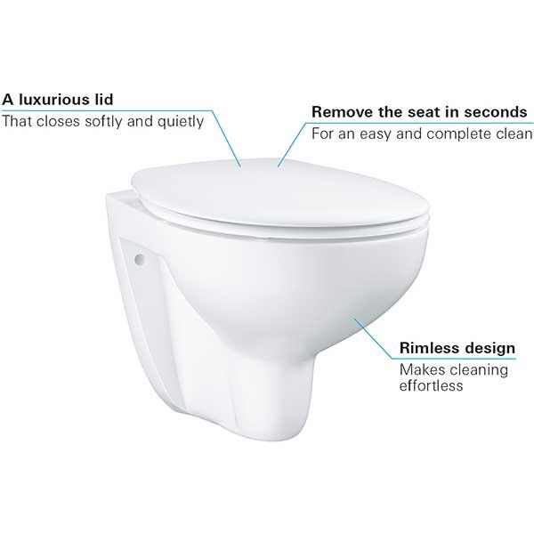 Set vas WC GROHE Bau Ceramic 39351000, montaj suspendat, evacuare orizontala, cu capac, alb