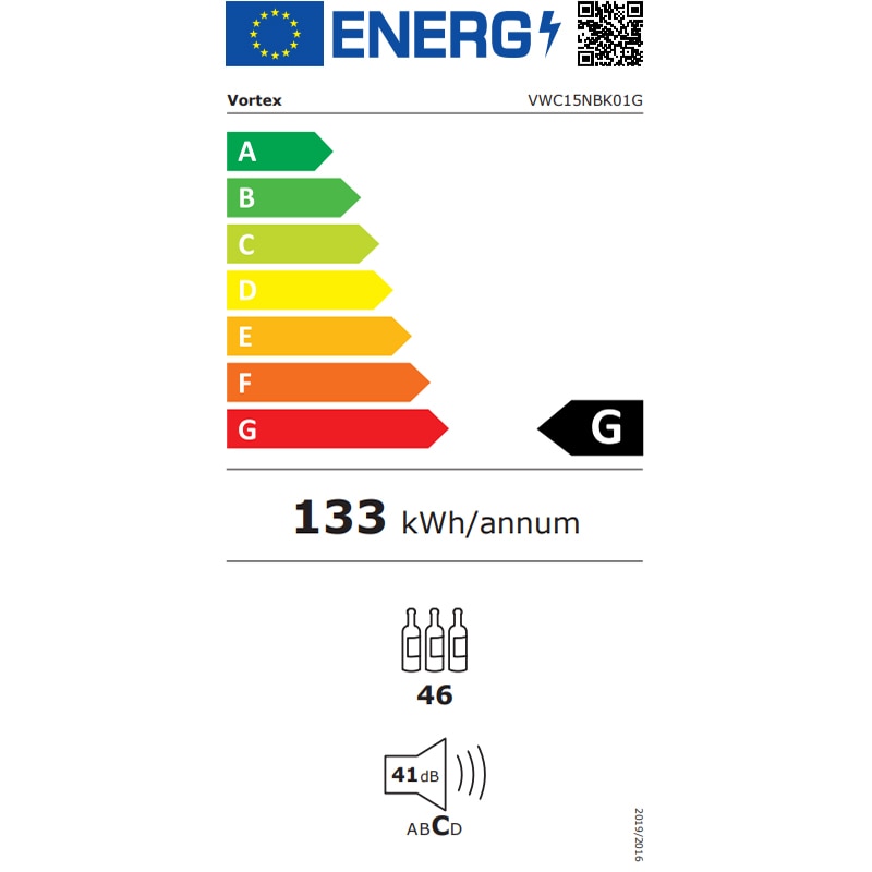 Racitor de vinuri incorporabil VORTEX VWC15NBK01G, 46 sticle, H 84 cm, Clasa G
