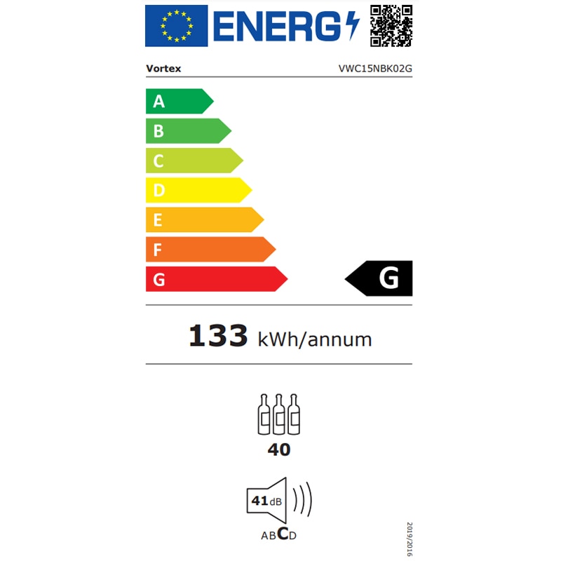 Racitor de vinuri incorporabil VORTEX VWC15NBK02G, 40 sticle, H 86 cm, Clasa G