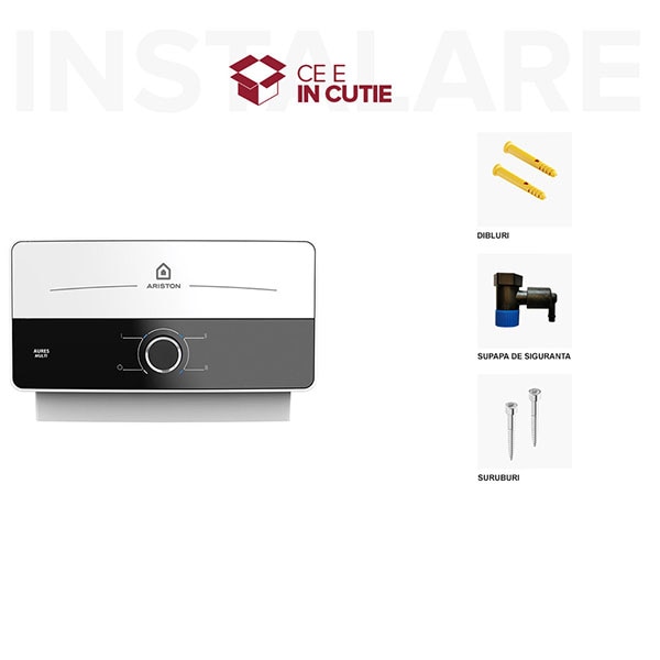 Instant apa calda electric ARISTON Aures Slim Multi, 2.1l/min, 5000W, senzor de debit, supapa de siguranta, alb-negru