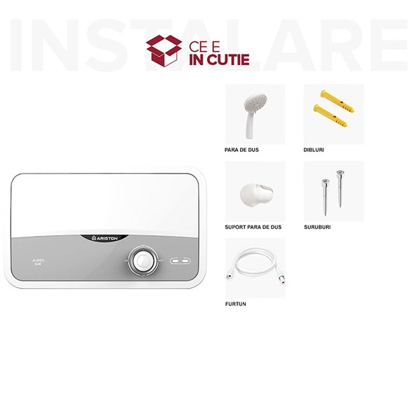 Instant apa calda electric ARISTON Aures Slim, 3.9 l/min, 5500W, IP25, Limitator dublu termic, alb-gri