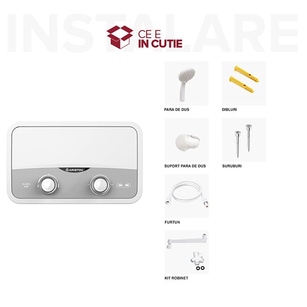 Instant apa calda electric ARISTON Aures Slim Flow, 3.9 l/min, 5500W, IP25, Limitator dublu termic, alb-gri