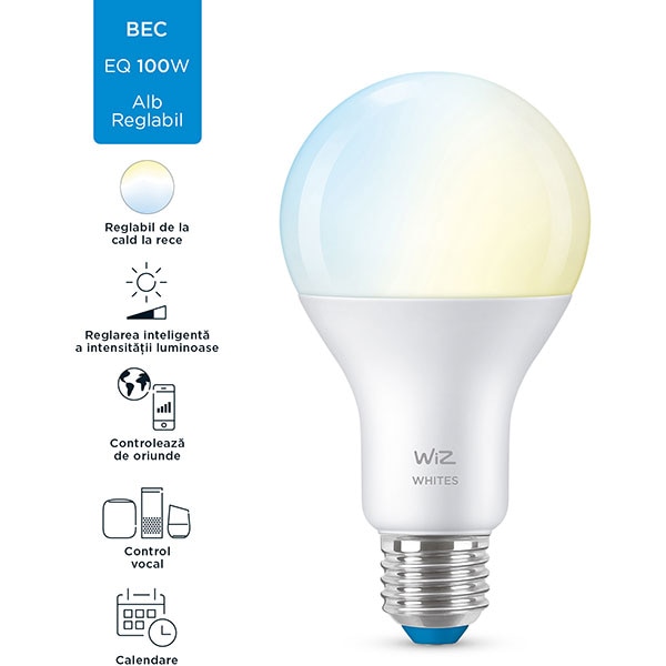 Bec LED Smart WIZ Whites, E27, 13W, 1521lm, Wi-Fi, lumina variabila, compatibil Alexa, Google Assistant