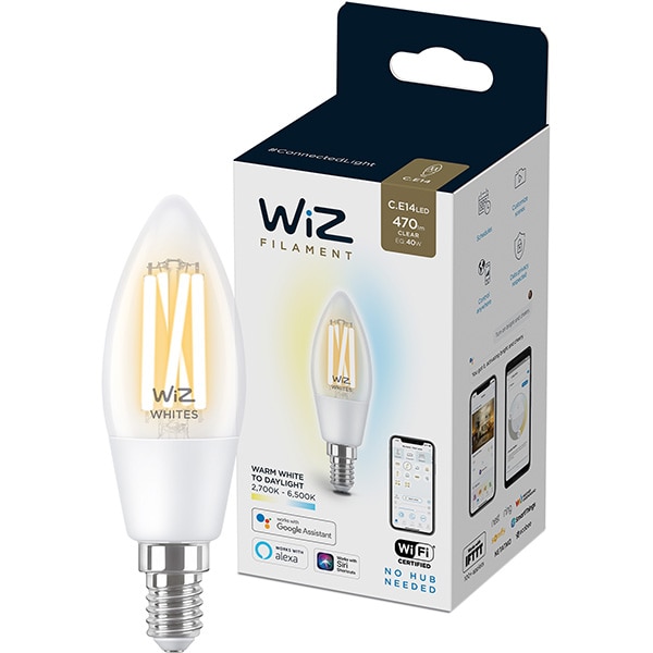Bec LED Smart Vintage WIZ Whites, E14, 4.9W, 470lm, Wi-Fi, lumina variabila, compatibil Alexa, Google Assistant