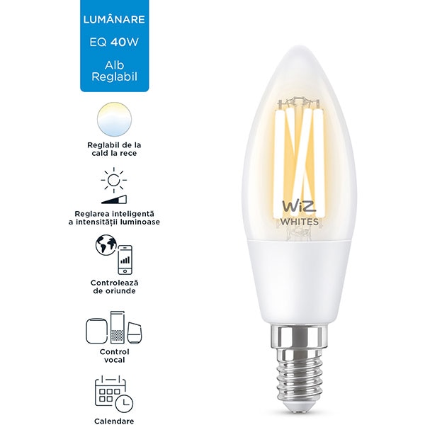 Bec LED Smart Vintage WIZ Whites, E14, 4.9W, 470lm, Wi-Fi, lumina variabila, compatibil Alexa, Google Assistant