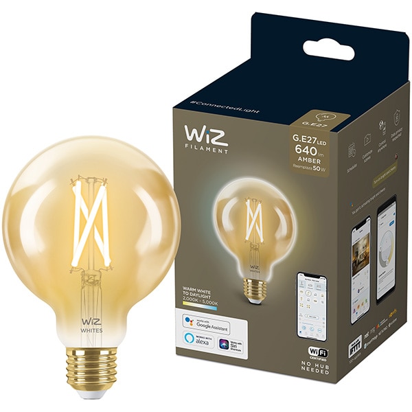 Bec LED Smart Vintage WIZ Whites, E27, 6.7W, 640lm, Wi-Fi, lumina variabila, compatibil Alexa, Google Assistant
