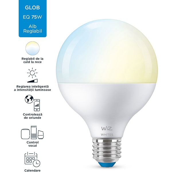Bec LED Smart WIZ Whites, E27, 11W, 1055lm, Wi-Fi, lumina variabila, compatibil Alexa, Google Assistant