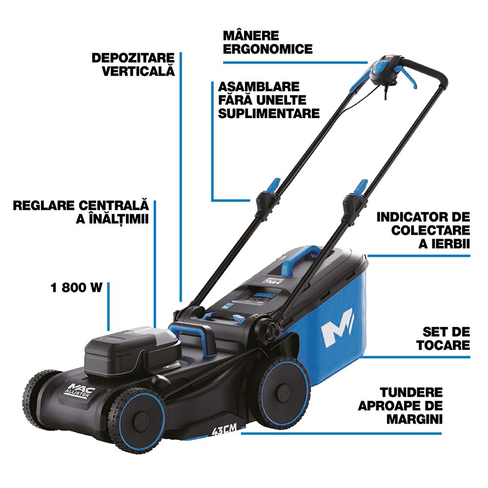 Masina de tuns iarba MAC ALLISTER A021071, 1800W, 3200rpm, latime de taiere 43cm, sac 50l