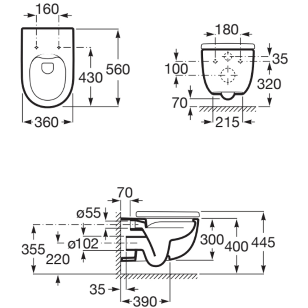 Vas WC suspendat ROCA Meridian A34H240000, portelan, 36 x 56 x 33 cm, capac SoftClose, alb