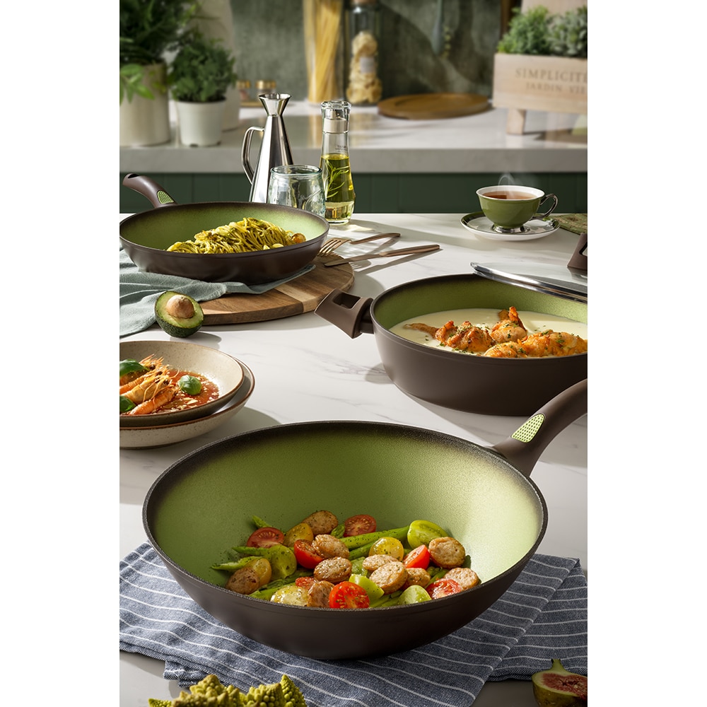 Tigaie Wok AMERCOOK Avocado AC0108403.28, 28 cm, aluminiu forjat, negru-verde