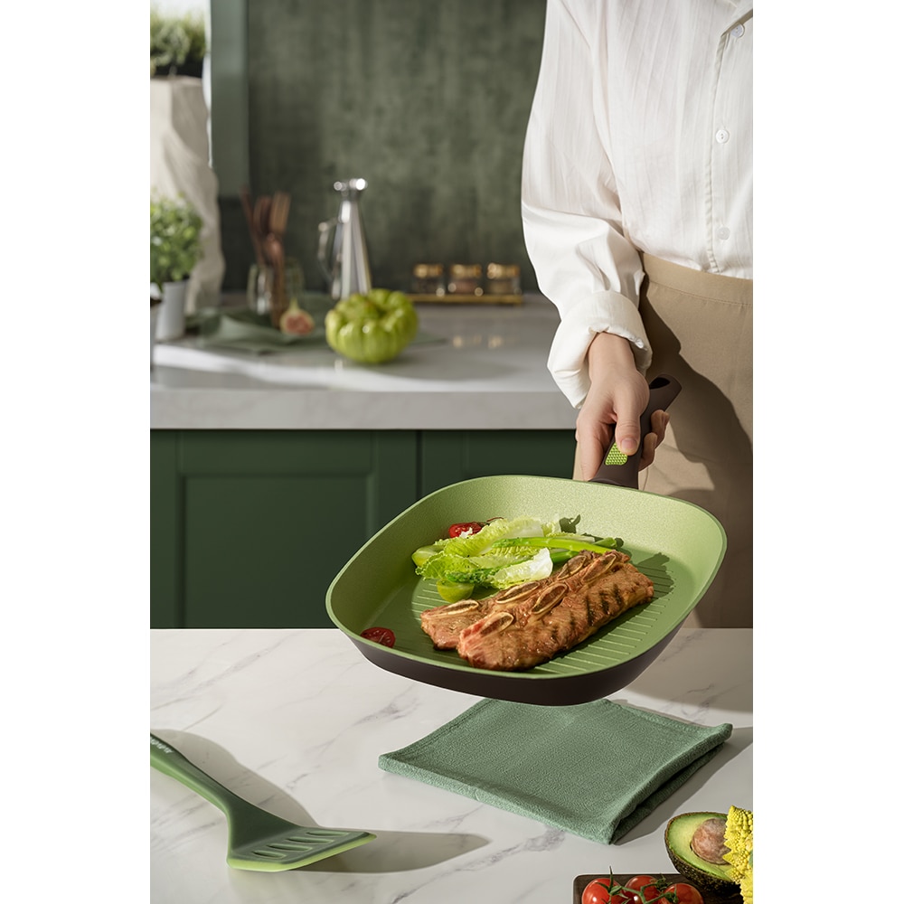 Tigaie grill AMERCOOK Avocado AC0108408.28, 28 cm, aluminiu forjat, negru-verde