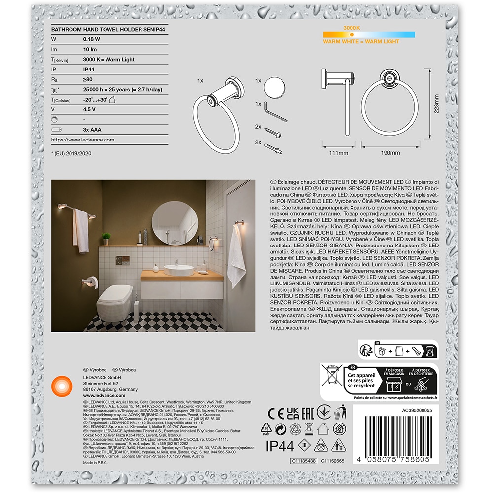 Suport prosop tip inel LEDVANCE, senzor miscare si de lumina naturala, 0.18W, 10lm, argintiu