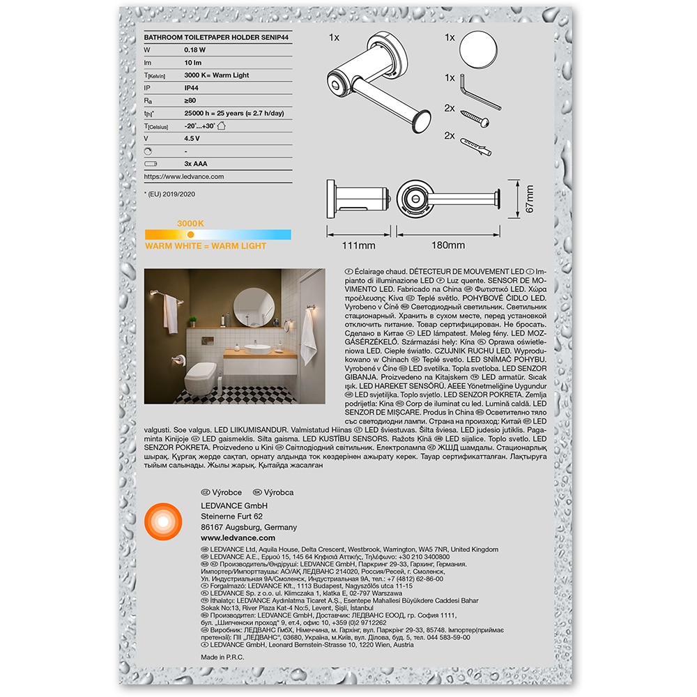 Suport hartie igienica LEDVANCE, senzor miscare si de lumina naturala, 0.18W, 10lm, argintiu