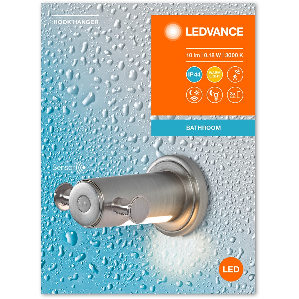 Cuier baie LEDVANCE, senzor miscare si de lumina naturala, 0.18W, 10lm, argintiu