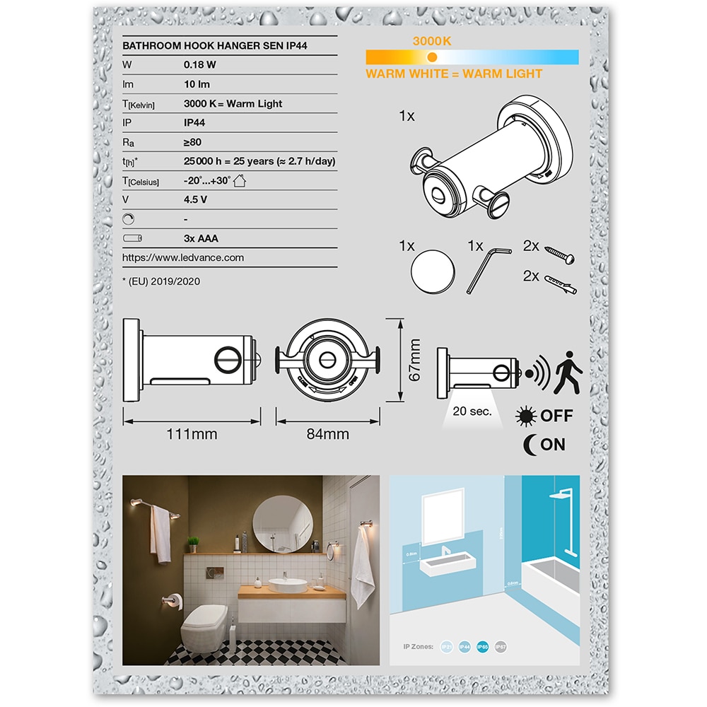 Cuier baie LEDVANCE, senzor miscare si de lumina naturala, 0.18W, 10lm, argintiu