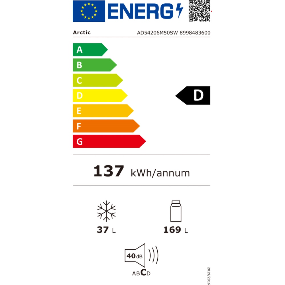 Frigider cu doua usi ARCTIC AD54206M50SW, 206 l, H 143 cm, Clasa D, alb
