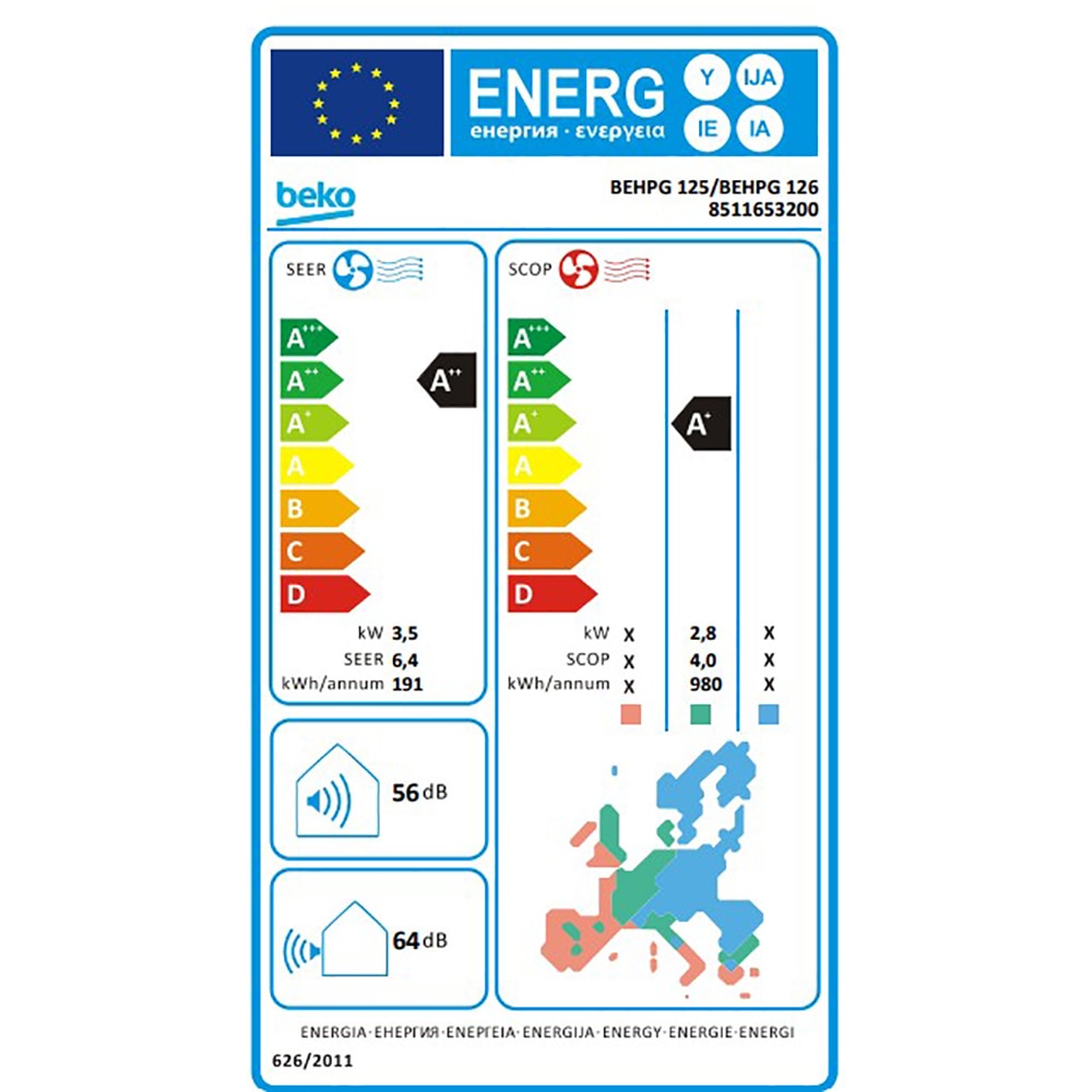 Aer conditionat BEKO BEHPG125, 12000 BTU, A++/A+, Wi-Fi, Functie Incalzire, Inverter, kit instalare inclus, alb