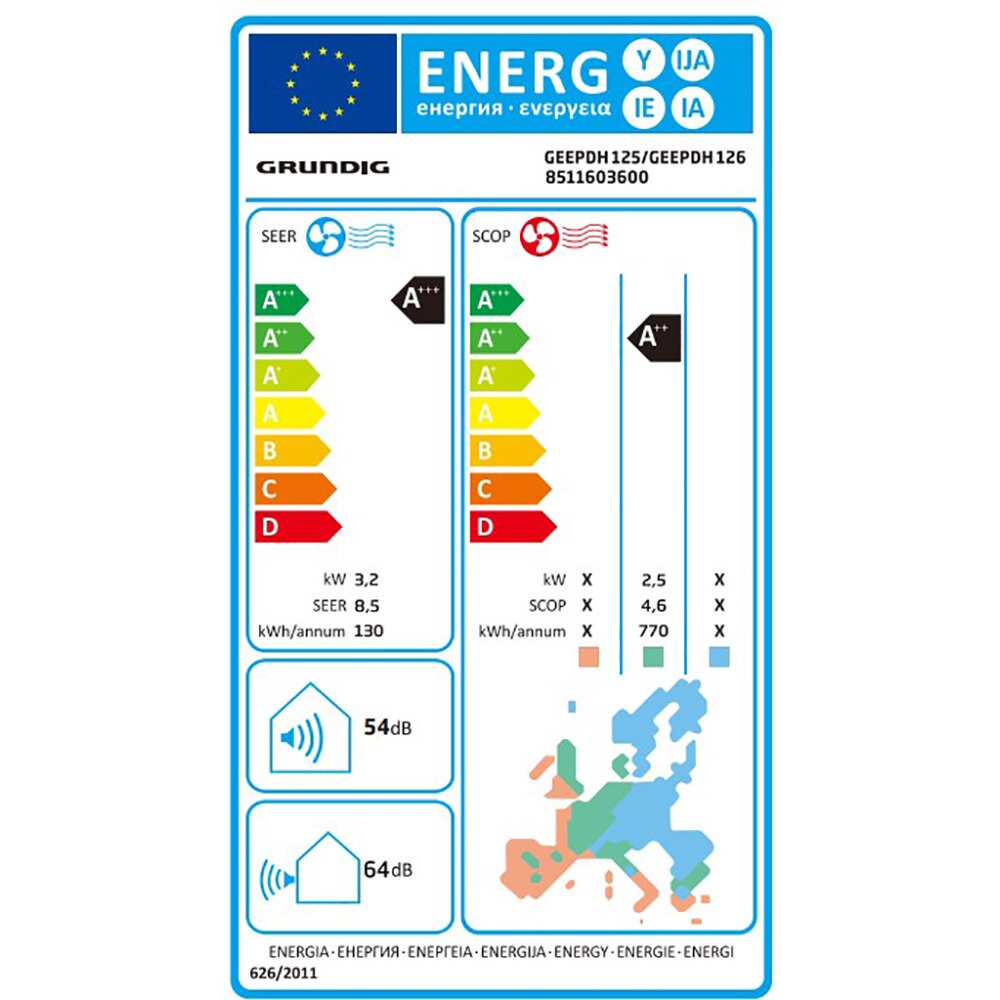 Aer conditionat GRUNDIG GEEPDH125,12000 BTU,A+++/A++, Wi-Fi, Functie Incalzire, Inverter, kit instalare inclus, argintiu