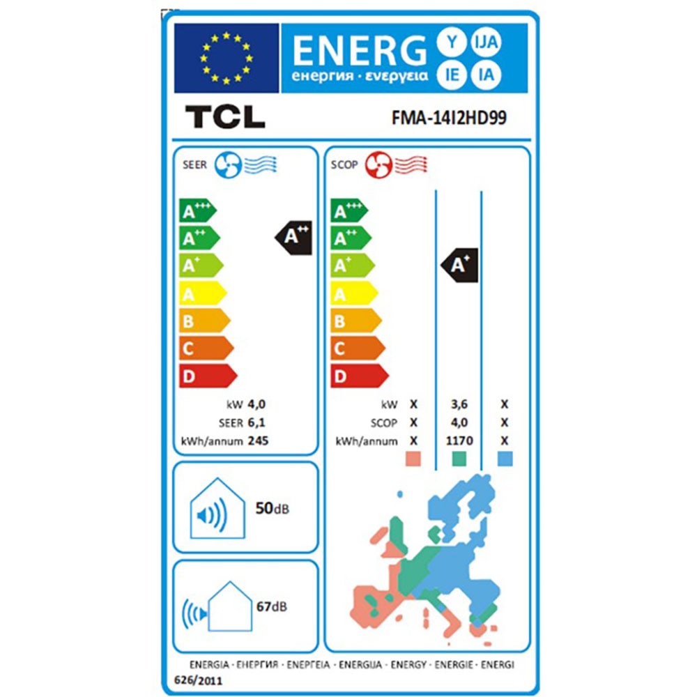 Sistem aer conditionat pentru 2 incaperi TCL FMA-14I2HD99, 9000/9000BTU, A++/A+, Wi-Fi, Inverter, Unitate externa 14000BTU, alb