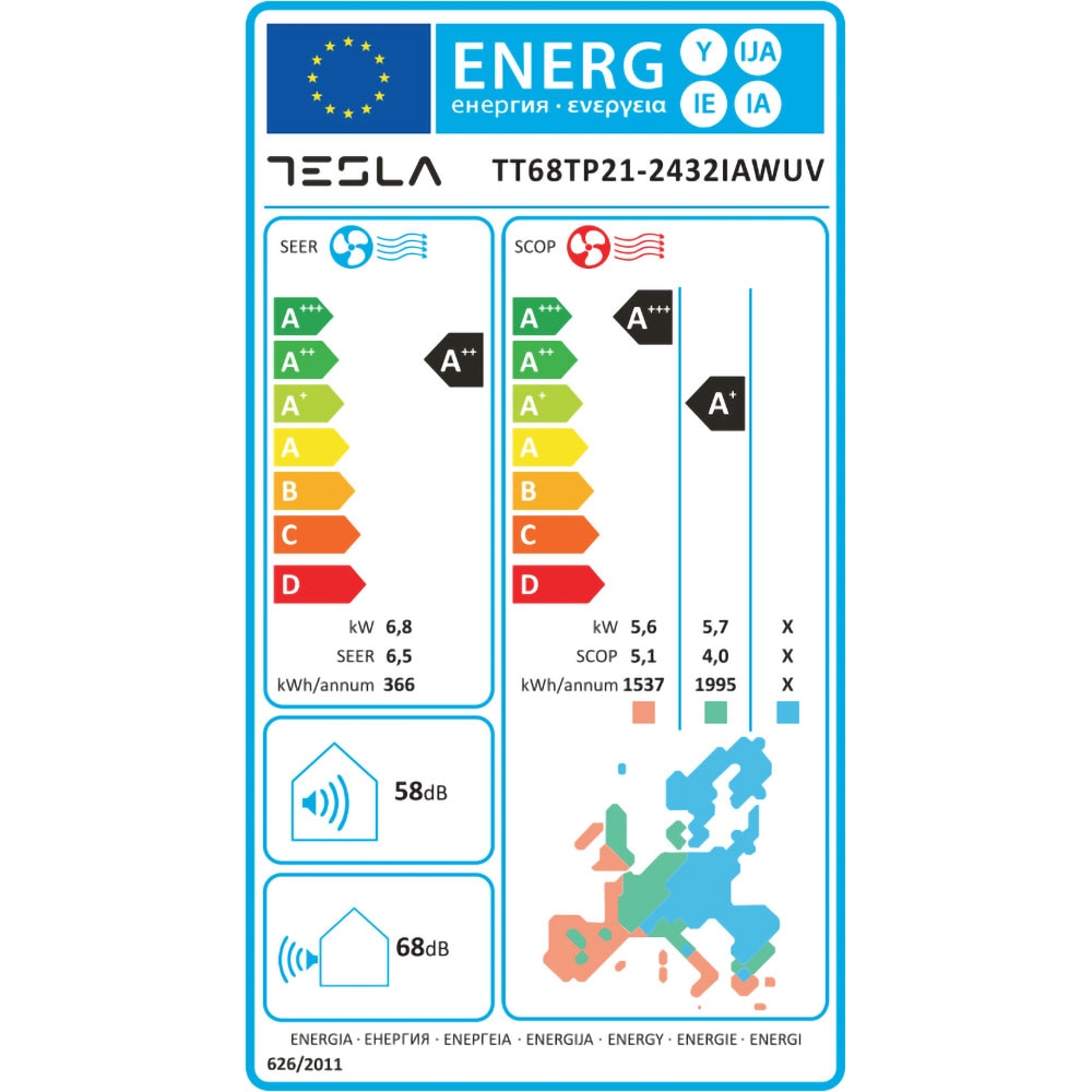 Aer conditionat TESLA TT68TP21-2432IAWUV, 24000 BTU, A++/A+, Functie Incalzire, Inverter, Wi-Fi, alb