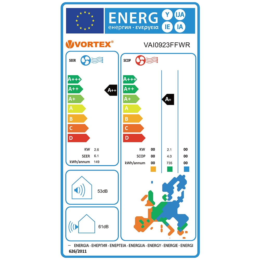 Aer conditionat VORTEX VAI0923FFWR, 9000 BTU, A++/A+, Inverter, Functie incalzire, Dezumidificare, iFeel, kit instalare inclus, alb