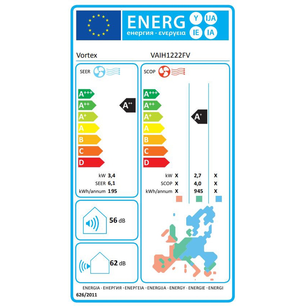 Aer conditionat VORTEX AERVAIH1222FV, 12000 BTU, A++/A+, Functie Incalzire, Inverter, Wi-Fi , kit instalare inclus, alb