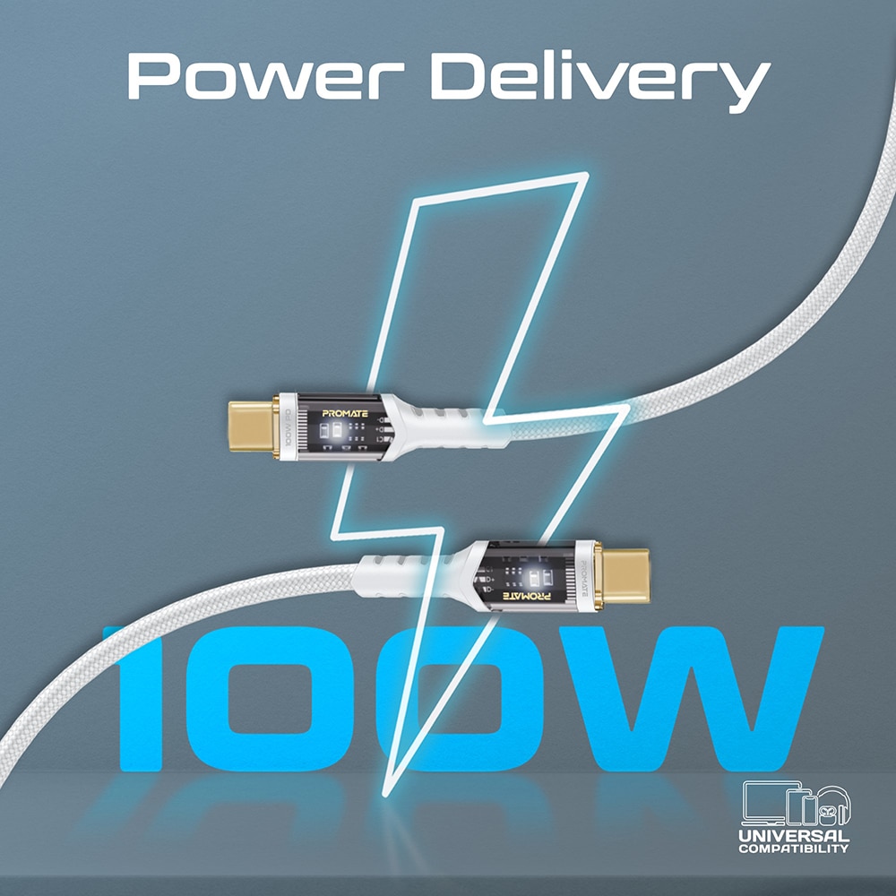 Cablu date PROMATE LucidLine-CC120, USB-C - USB-C, 100W Power Delivery, 1.2m, alb