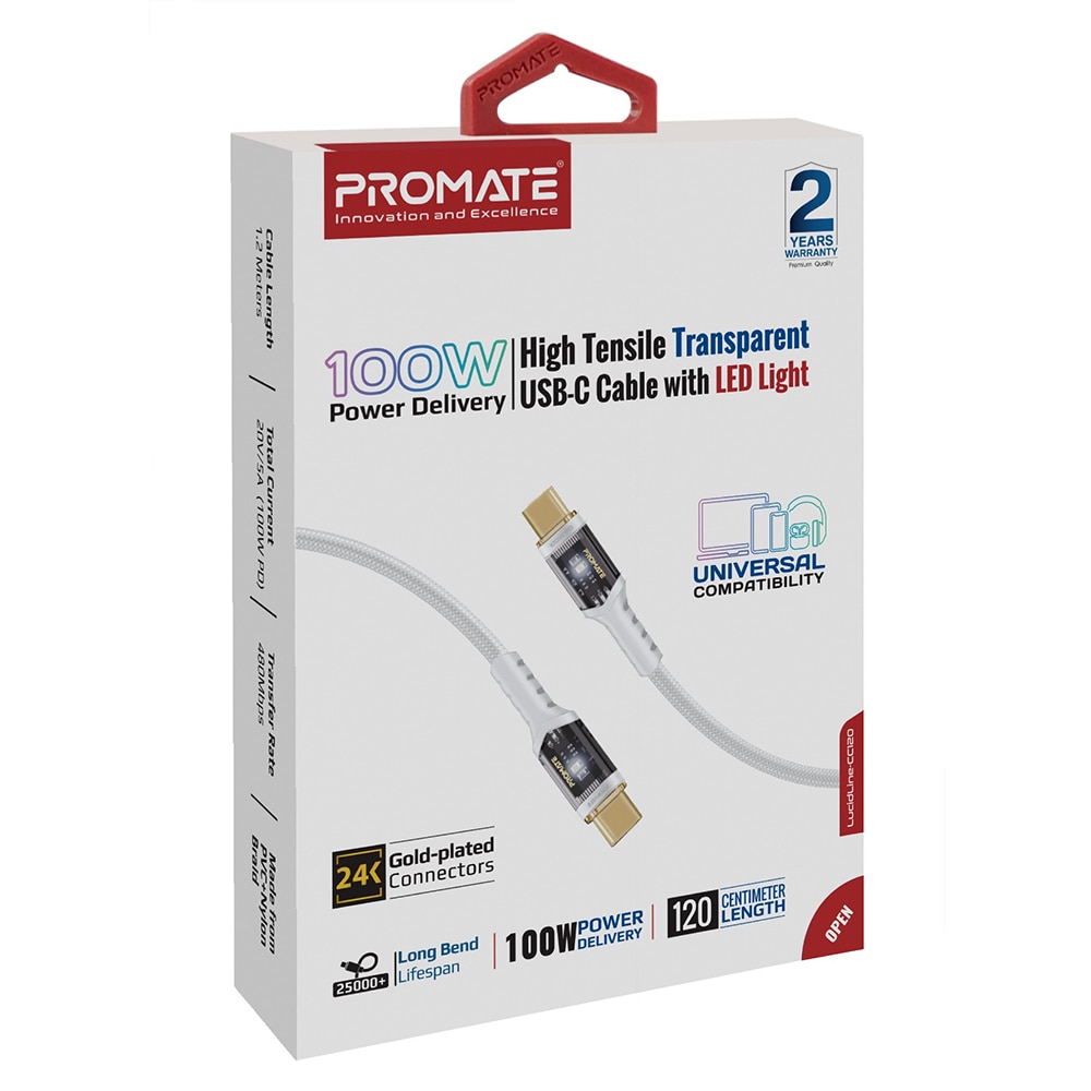 Cablu date PROMATE LucidLine-CC120, USB-C - USB-C, 100W Power Delivery, 1.2m, alb