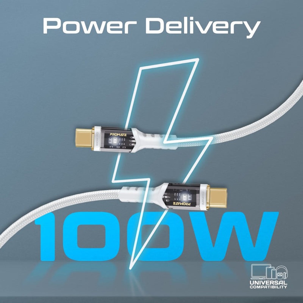 Cablu date PROMATE LucidLine-CC200, USB-C - USB-C, 100W Power Delivery, 2m, alb