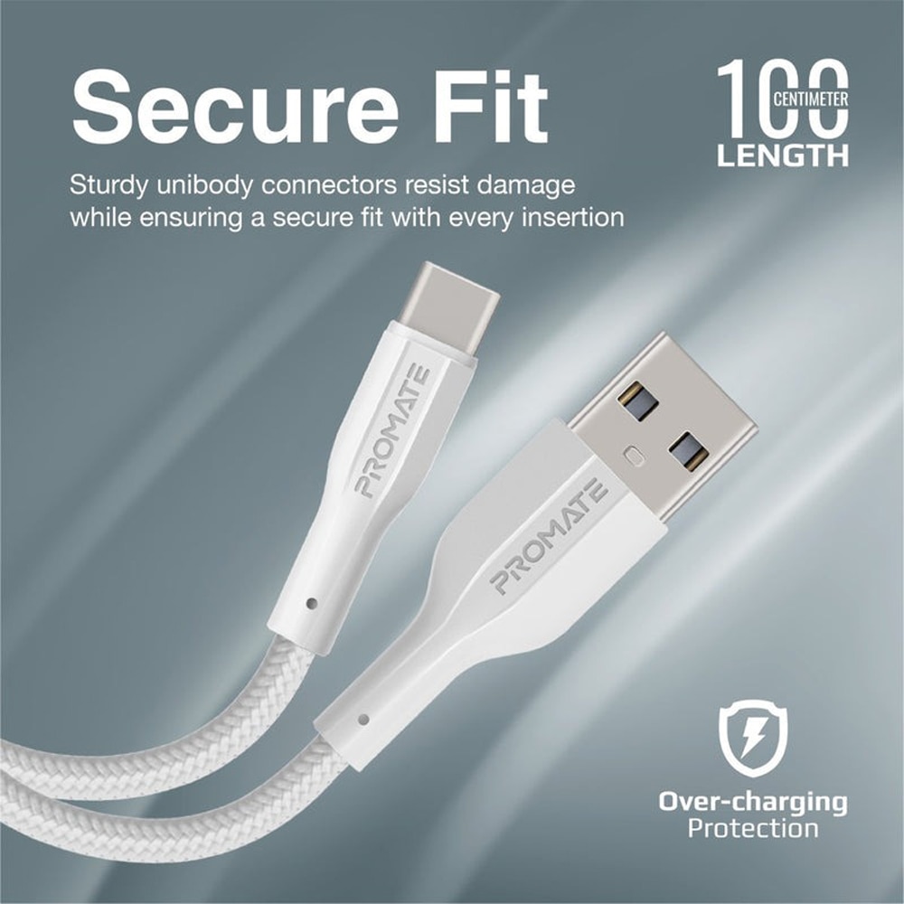 Cablu date PROMATE XCord-AC, USB-A - USB-C, 1m, alb