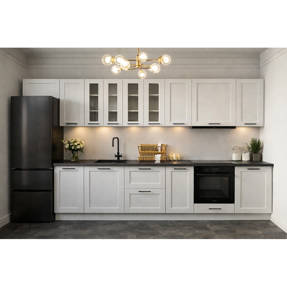 Mobila bucatarie Alpinia, PAL, 325 x 60 x 216 cm, gri-ivoire