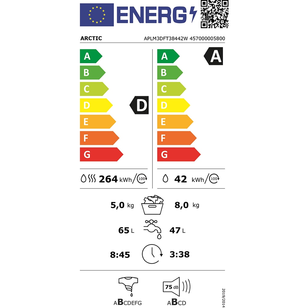 Masina de spalat rufe frontala cu uscator ARCTIC APLM3DFT38442W, 8/5 kg, 1400rpm, Clasa A/D, alb