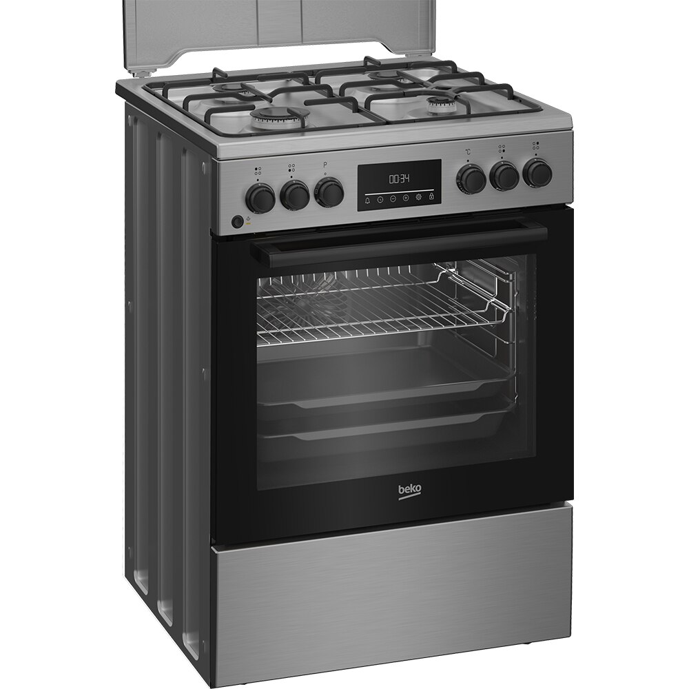 Aragaz BEKO FBSM62320TXD, 4 arzatoare, Gaz + Electric, L 60 cm, Grill, argintiu