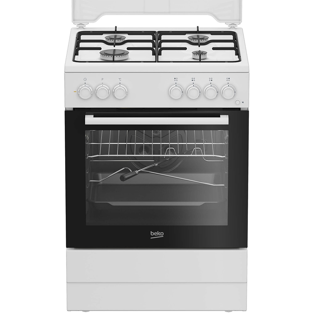 Aragaz BEKO FBST62110DW, 4 arzatoare, Gaz + Electric, L 60 cm, Grill, Rotisor, alb