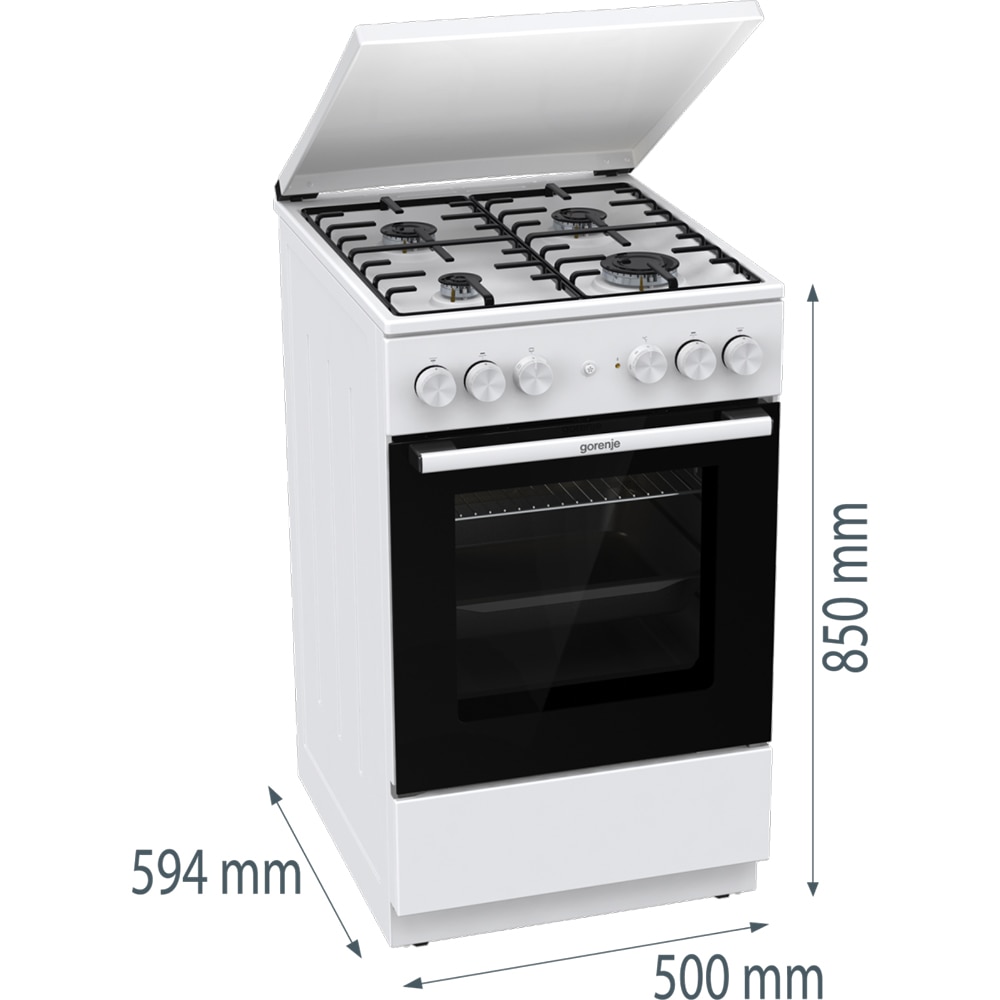 Aragaz GORENJE GK5A22WH, 4 arzatoare, Gaz + Electric, L 50 cm, Grill, alb
