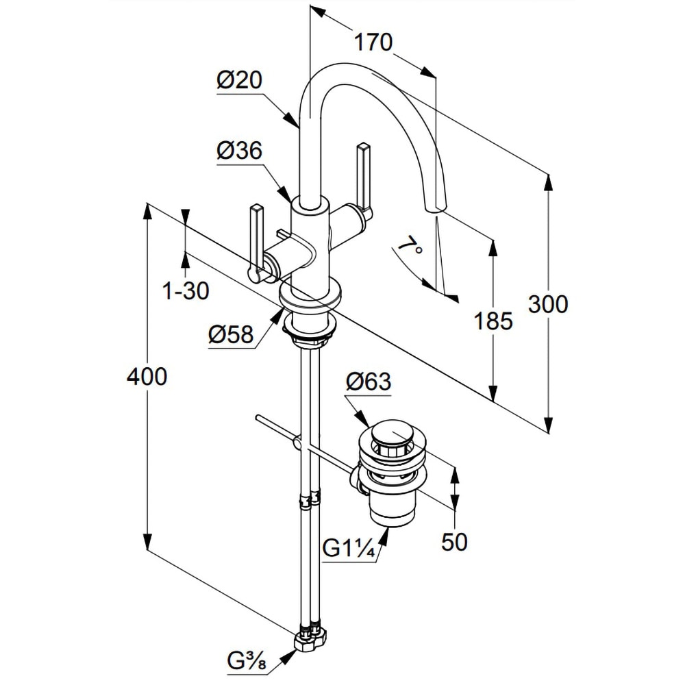 Baterie lavoar KLUDI Nova Fonte 201180515, alama sanitara, argintiu