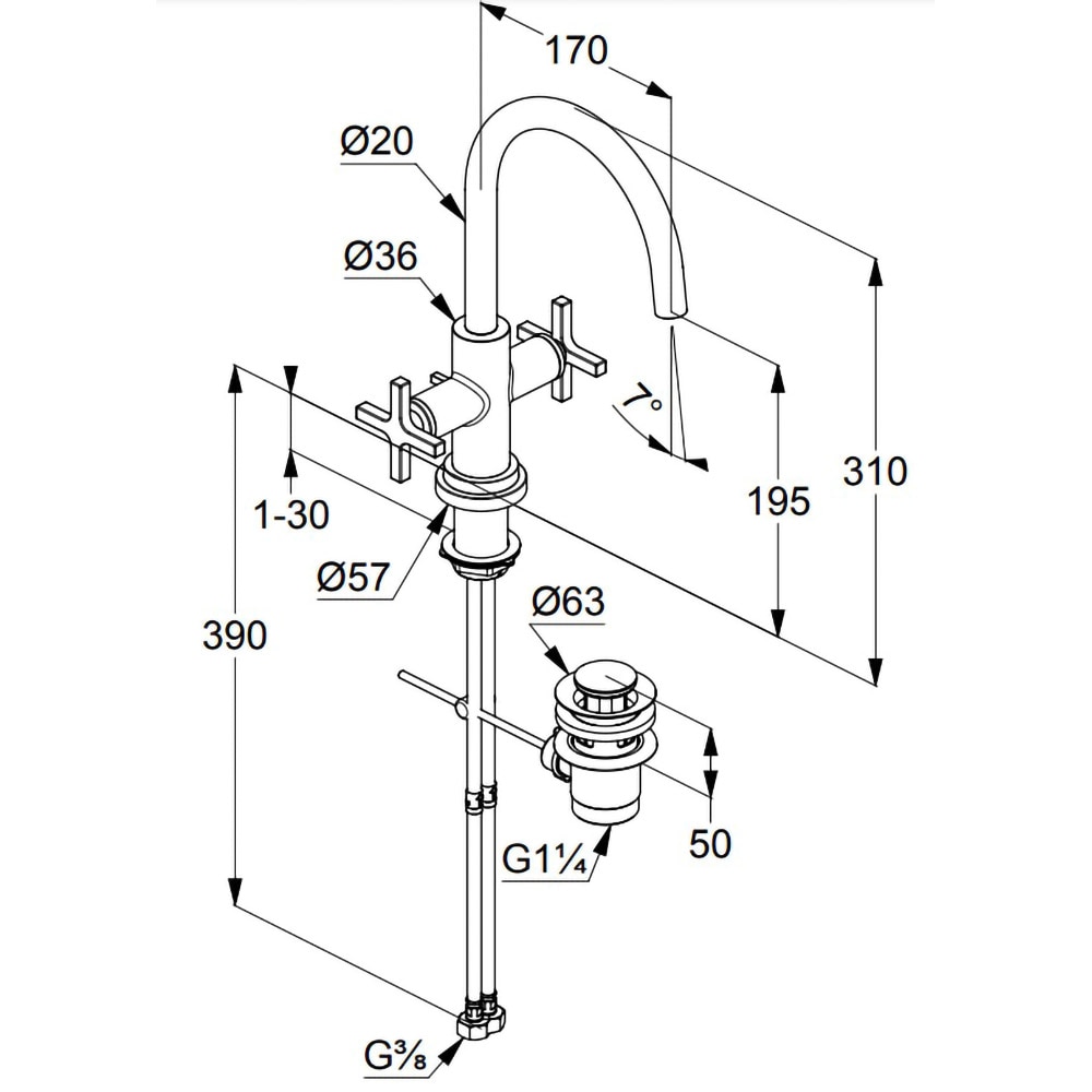 Baterie lavoar KLUDI Nova Fonte classic 201180520, alama sanitara, argintiu
