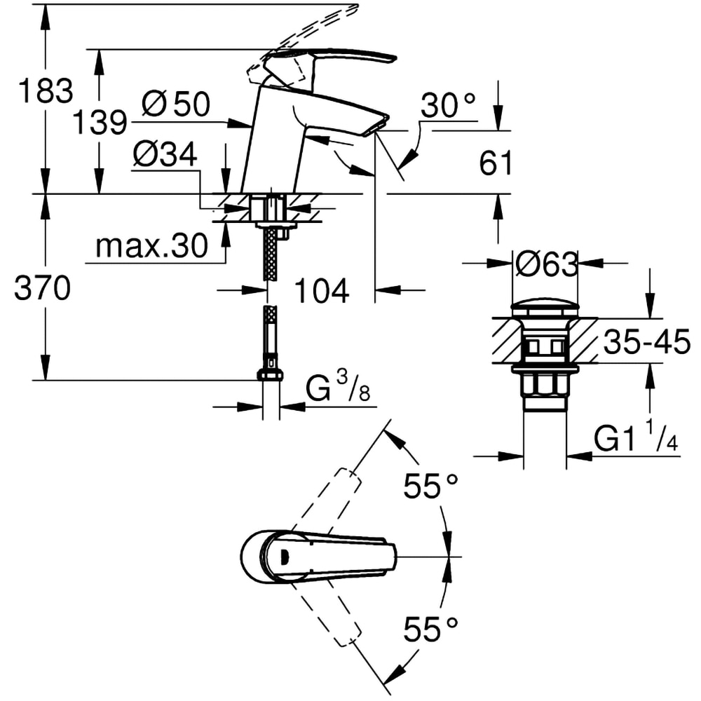 Baterie lavoar GROHE Start 23550001, marimea S, alama, argintiu