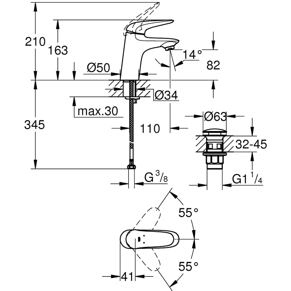 Baterie lavoar GROHE Wave 23582001, marimea S, alama sanitara, argintiu