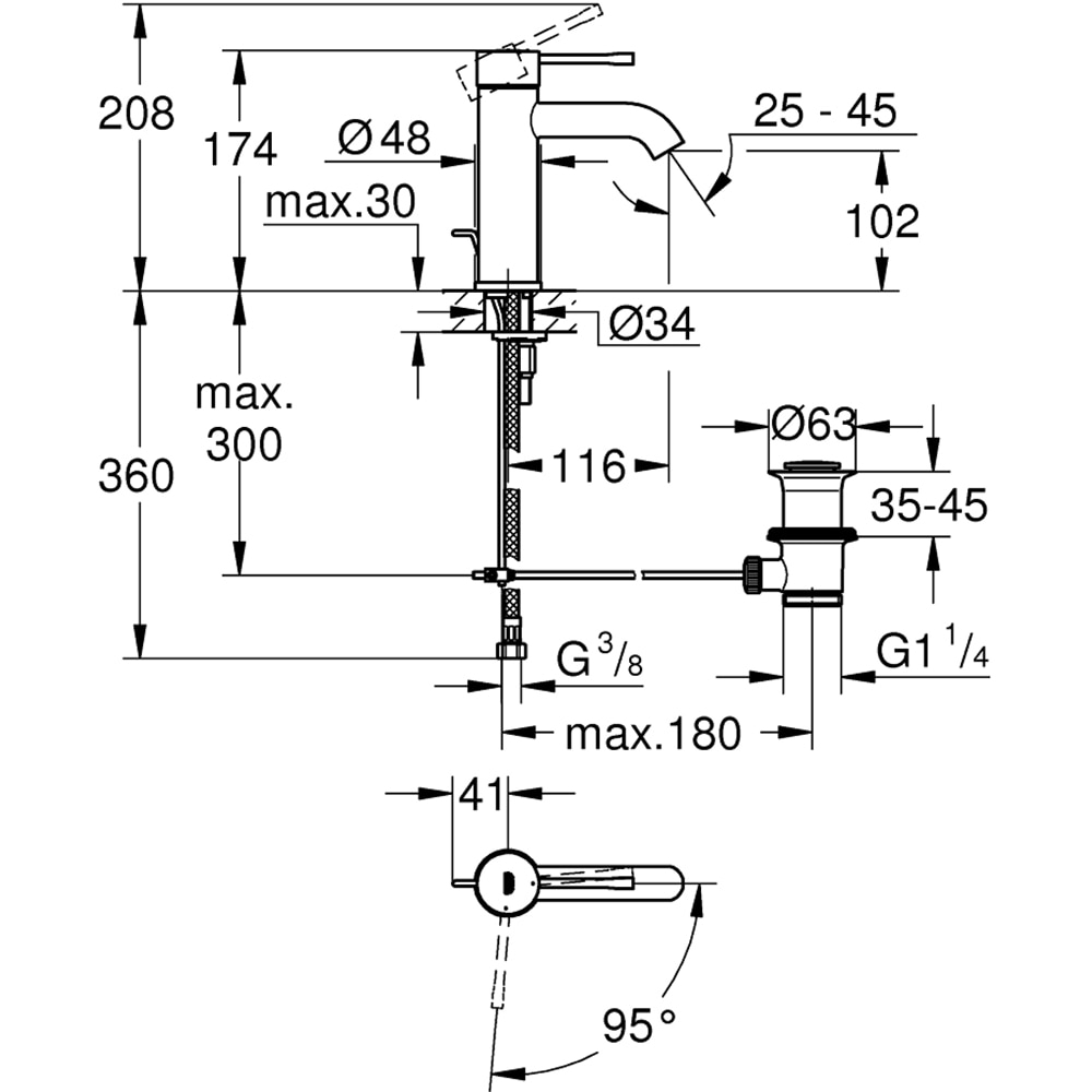 Baterie lavoar GROHE Essence 23591001, marimea S, alama, argintiu