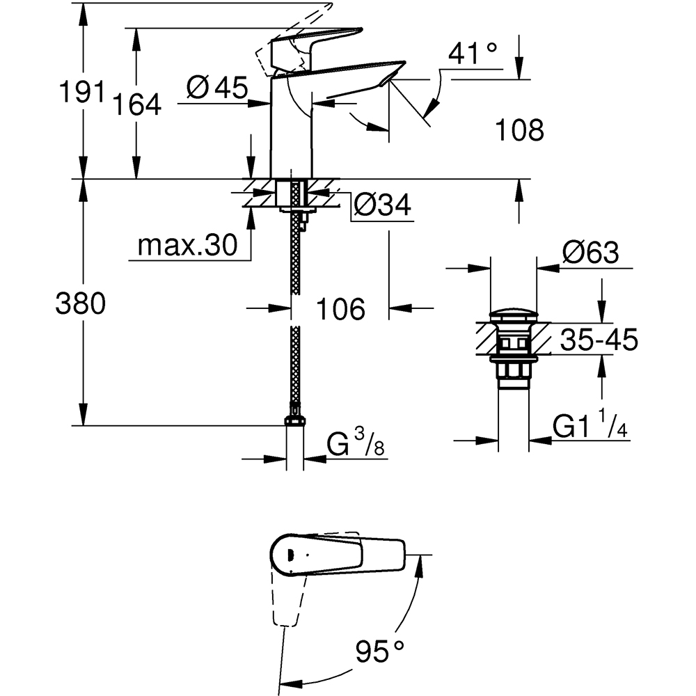 Baterie lavoar GROHE Start Edge 23909001, marimea M, alama, argintiu