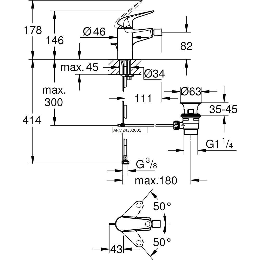 Baterie bideu GROHE Swift 24332001, alama sanitara, crom