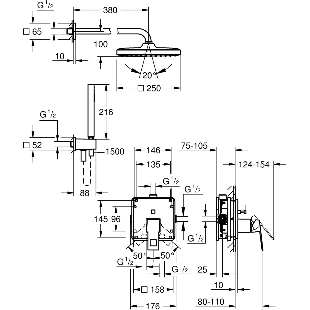 Sistem dus GROHE Eurocube 250 25289000, 1 functie, crom