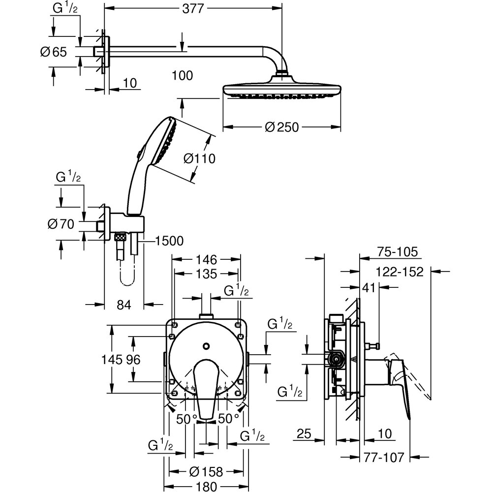 Sistem dus GROHE Start 250 25293000, 1 functie, crom