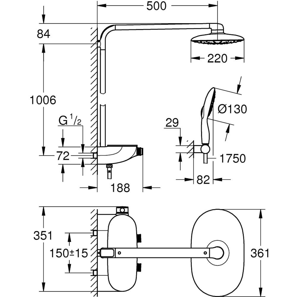 Sistem dus GROHE Smartcontrol 360 Mono 26361000, termostat, 3 functii, crom