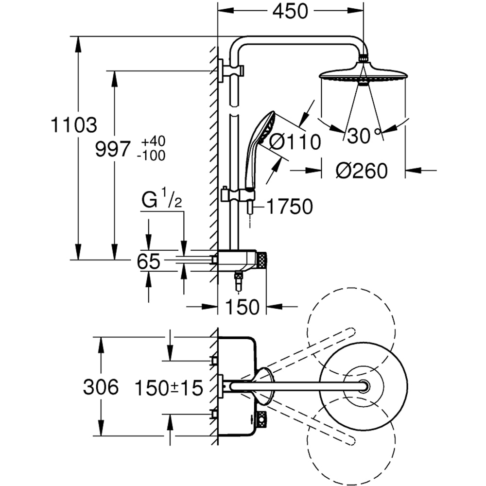 Sistem dus GROHE Euphoria Smartcontrol 260 26509000, termostat, 3 functii, crom